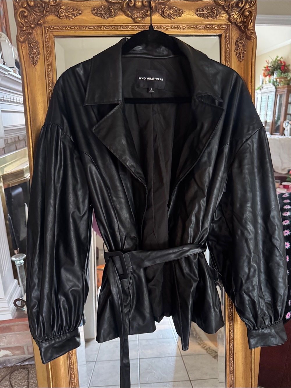 Who What Wear Black Faux-Leather Belted Jacket with Gathered Sleeves